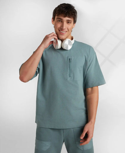 Super Combed Cotton Oversized T-Shirt with Zipper Pocket - Blue