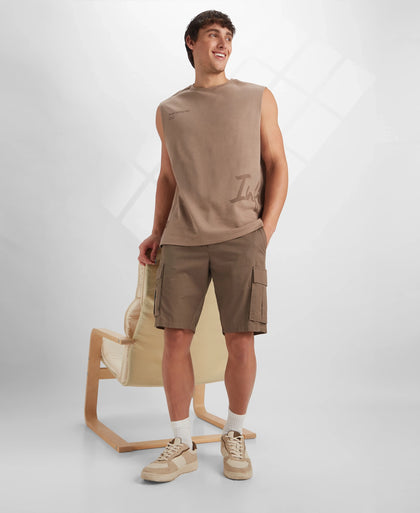 Super Combed Cotton Woven Straight Fit Cargo Shorts with Seven Pockets - Dark Khaki