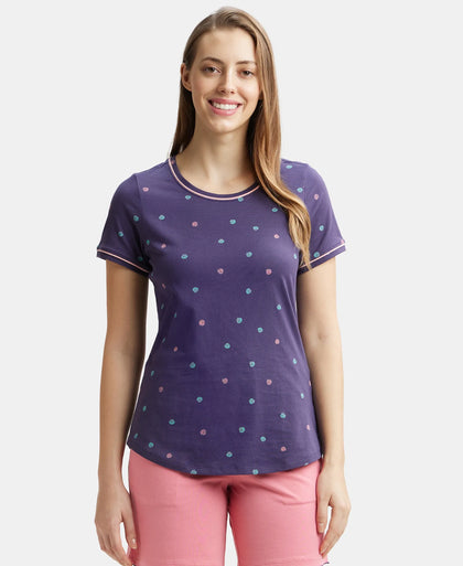 Super Combed Cotton Relaxed Fit Printed Round Neck Half Sleeve T-Shirt with Contrast Piping Design - Classic Navy-1