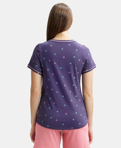 Super Combed Cotton Relaxed Fit Printed Round Neck Half Sleeve T-Shirt with Contrast Piping Design - Classic Navy-3