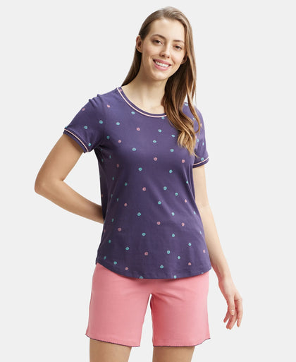 Super Combed Cotton Relaxed Fit Printed Round Neck Half Sleeve T-Shirt with Contrast Piping Design - Classic Navy-5