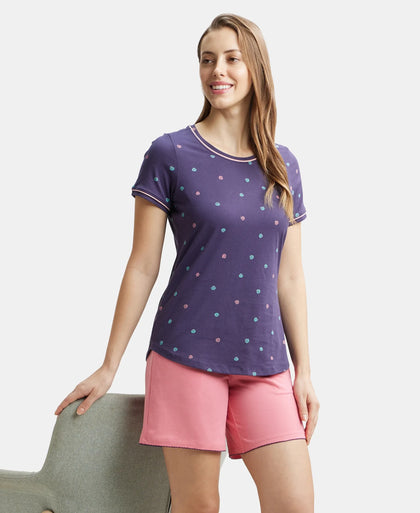 Super Combed Cotton Relaxed Fit Printed Round Neck Half Sleeve T-Shirt with Contrast Piping Design - Classic Navy-6