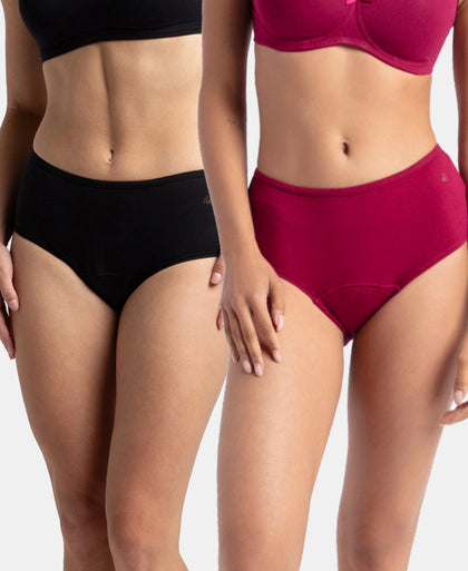 Super Combed Cotton Elastane Stretch Period Panty with Leak Proof Inner Absorbent Layer and StayFresh Treatment - Black & Beet Red (Pack of 2)