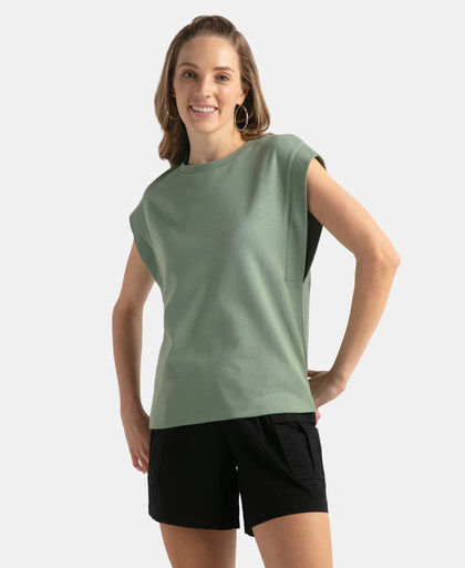 Super Combed Cotton Rich Hybrid Tank Top with Ribbed Sleeves - Lily Pad