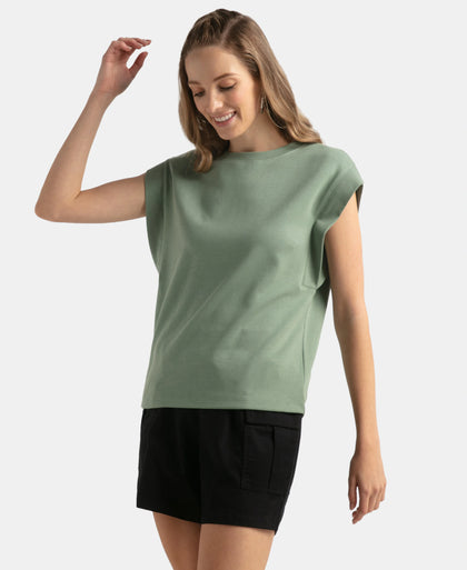 Super Combed Cotton Rich Hybrid Tank Top with Ribbed Sleeves - Lily Pad