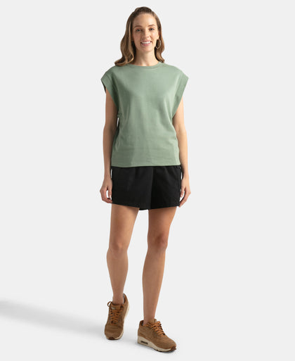 Super Combed Cotton Rich Hybrid Tank Top with Ribbed Sleeves - Lily Pad