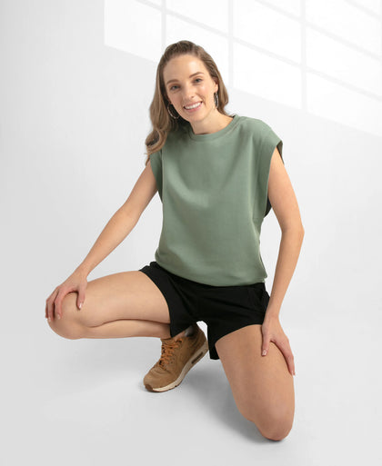 Super Combed Cotton Rich Hybrid Tank Top with Ribbed Sleeves - Lily Pad