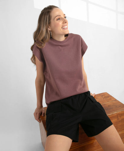 Super Combed Cotton Rich Hybrid Tank Top with Ribbed Sleeves - Rose Taupe