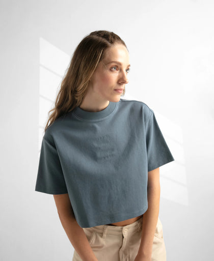 Super Combed Cotton Rich Elastane Stretch Oversized Boxy Fit Crop Top - Blue Mirage