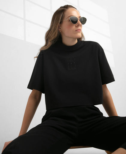 Super Combed Cotton Rich Elastane Stretch Oversized Boxy Fit Crop Top - Deep Black