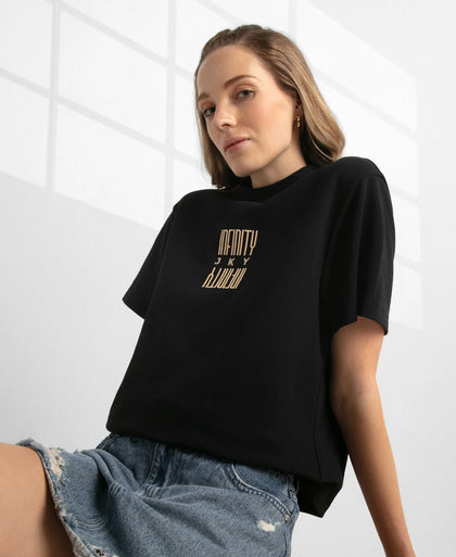 Super Combed Cotton Rich Oversized Graphic Print T-Shirt with Drop Shoulder Styling - Deep Black
